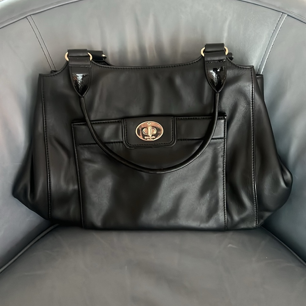 LIKE NEW Black Kate Spade Bag | Black and white striped interior | Gold accents